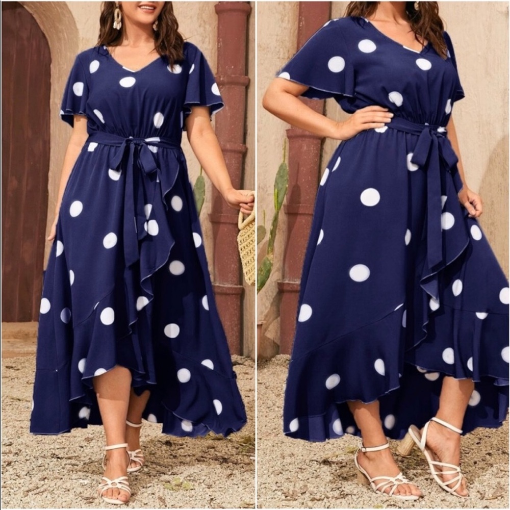 Plus Polka Dot Print V Neck Wrap Hem Belted Dress New - Picture 1 of 4